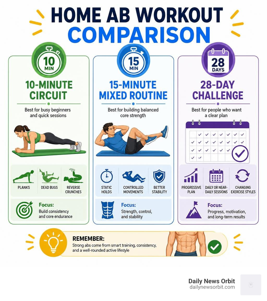 Home ab workout comparison: 10-minute circuit, 15-minute mixed routine, and 28-day challenge infographic Home ab workout comparison: 10-minute circuit, 15-minute mixed routine, and 28-day challenge infographic