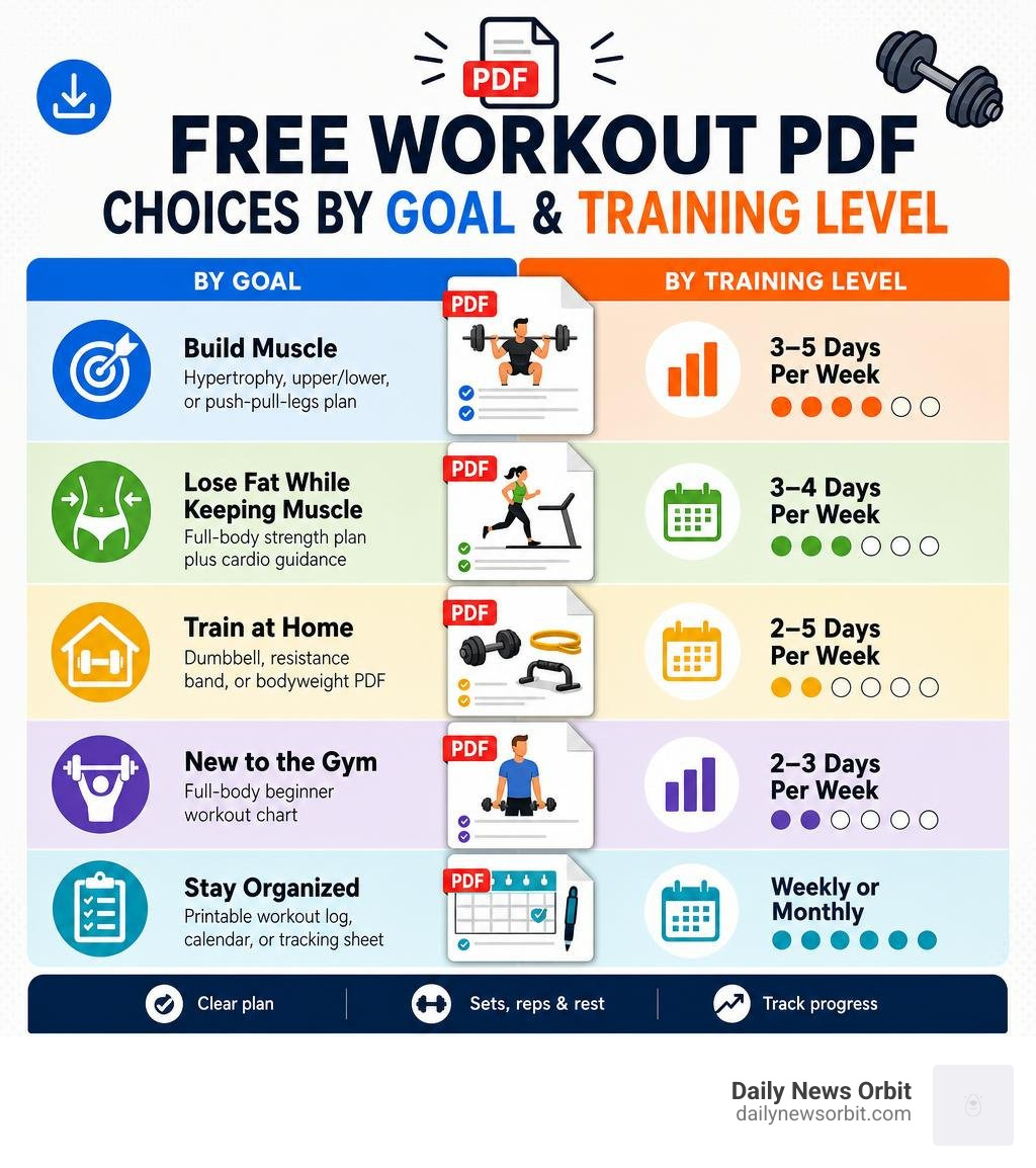 Infographic showing free workout PDF choices by fitness goal and training level infographic