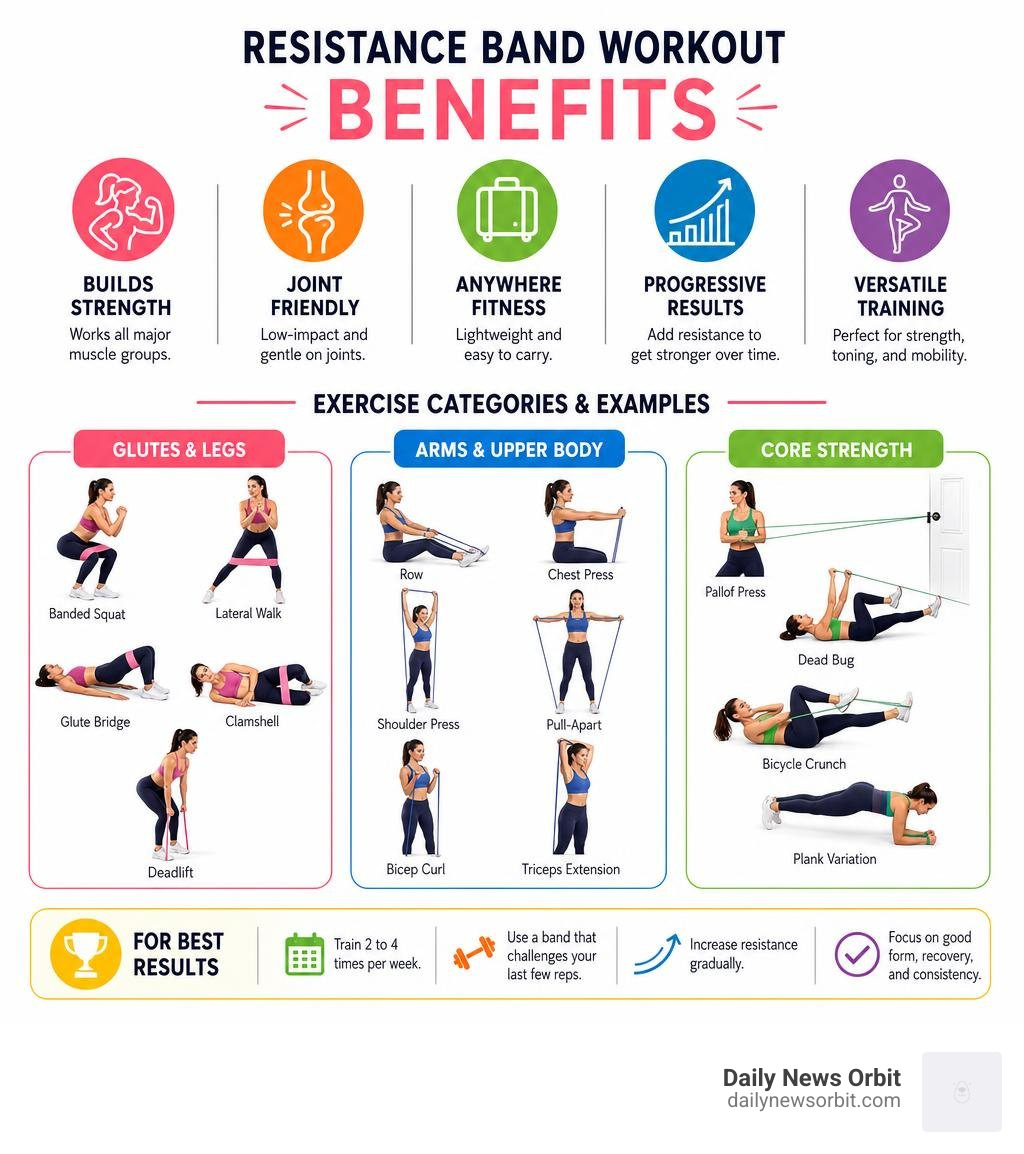 Resistance band workout benefits and exercise categories infographic