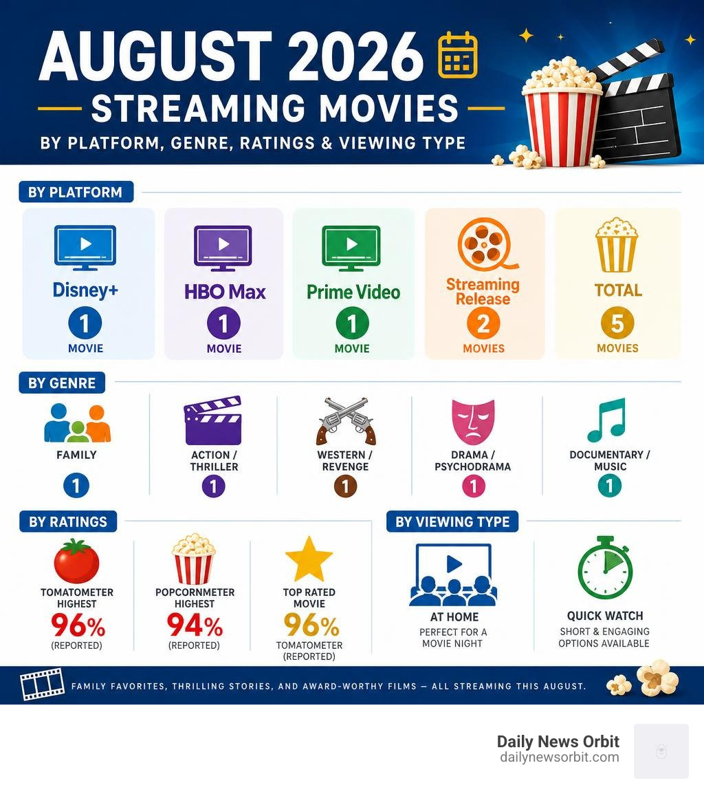 August 2026 streaming movies by platform, genre, ratings, and viewing type infographic August 2026 streaming movies by platform, genre, ratings, and viewing type infographic