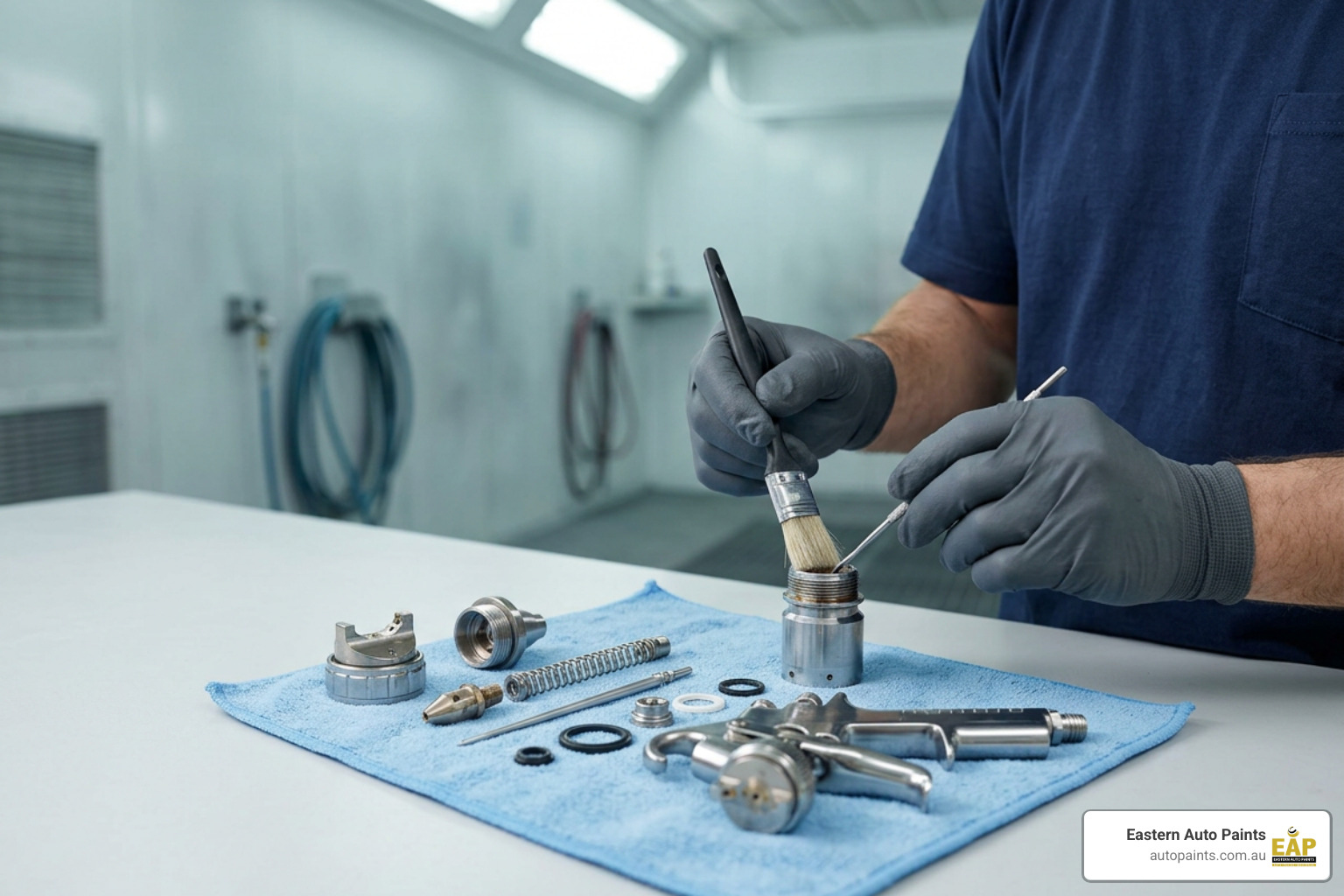 Disassembled spray gun components being cleaned with specialised cleaning tools