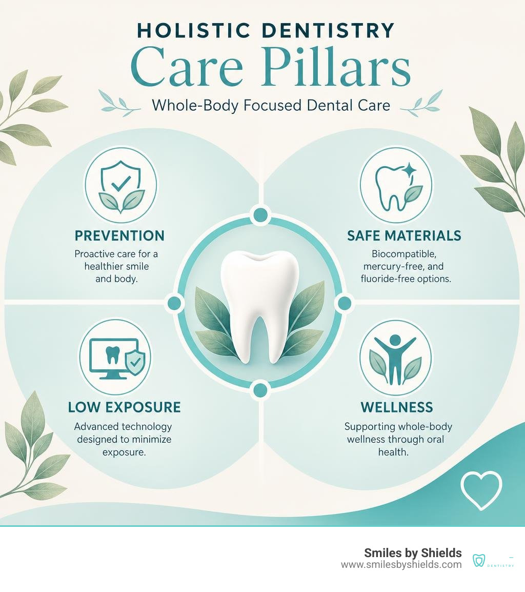 Holistic dentistry Jacksonville care pillars: prevention, safe materials, low exposure, wellness infographic Holistic dentistry Jacksonville care pillars: prevention, safe materials, low exposure, wellness infographic