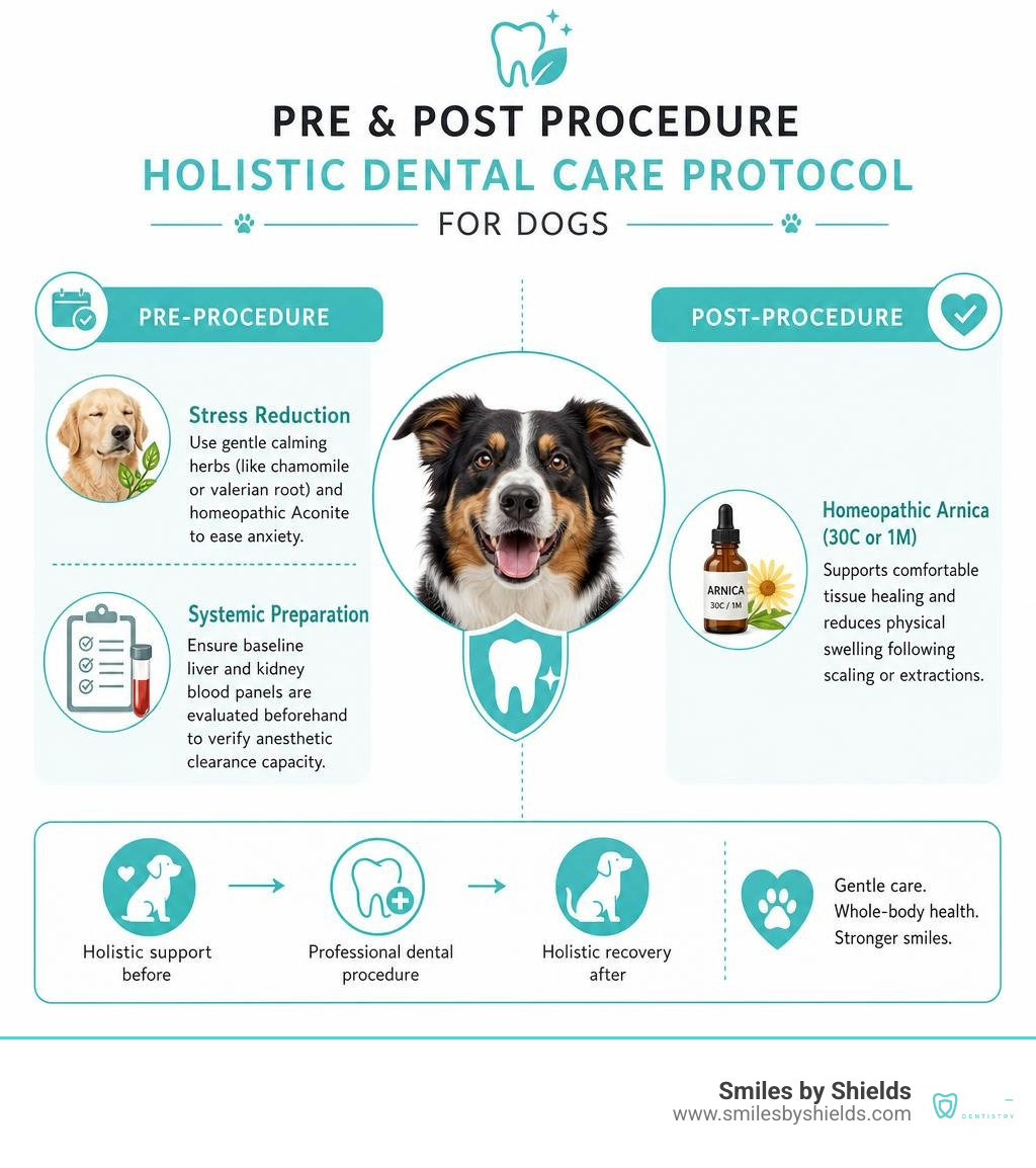 Pre and post procedure holistic dental care protocol for dogs infographic