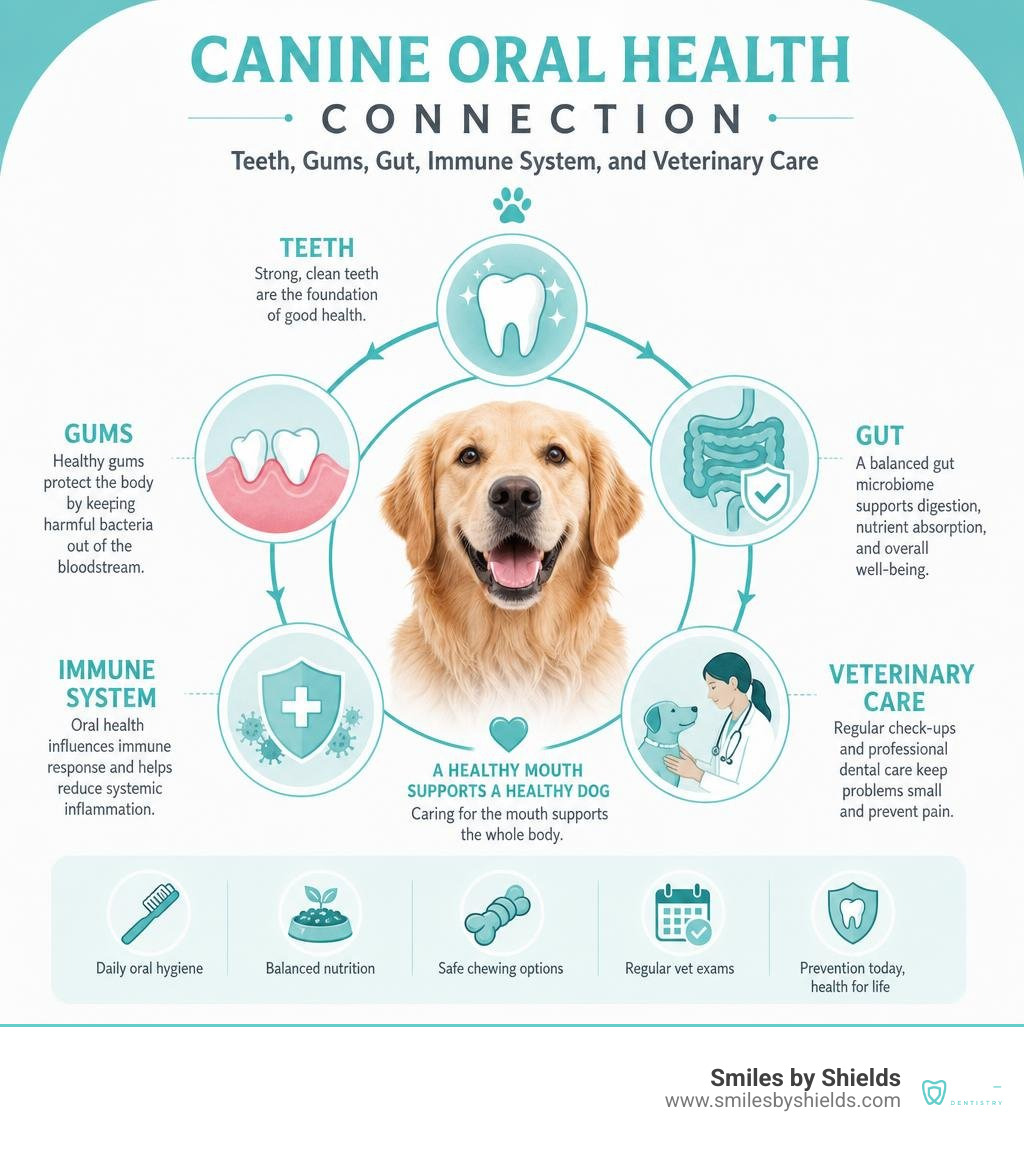 Canine oral health connection: teeth, gums, gut, immune system, and veterinary care infographic