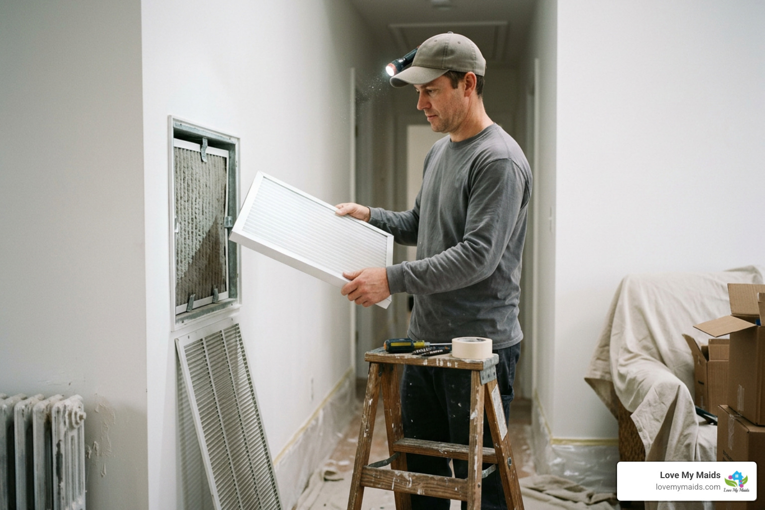 HVAC filter being replaced after indoor remodeling work HVAC filter being replaced after indoor remodeling work
