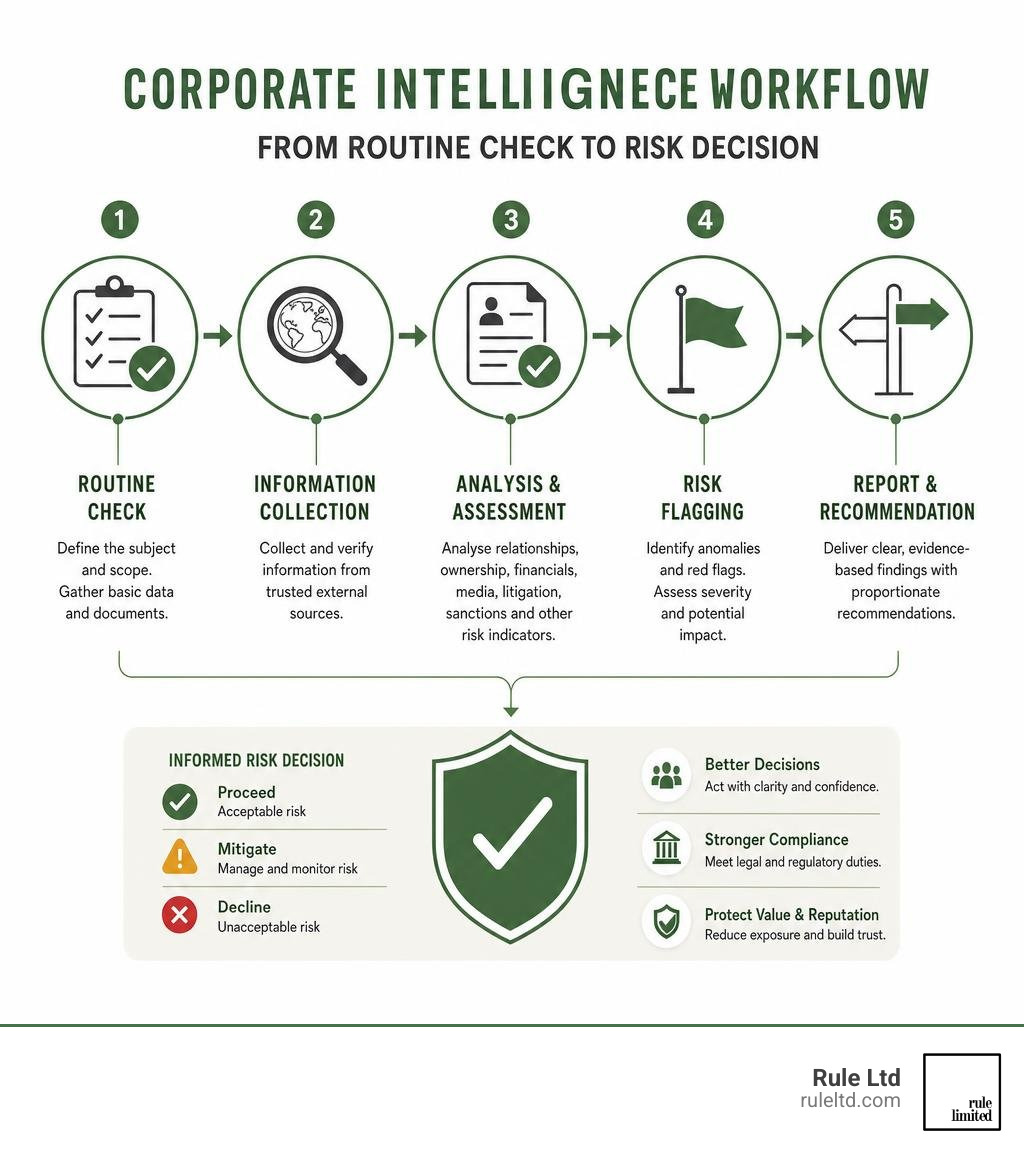 Corporate intelligence workflow from routine check to risk decision infographic Corporate intelligence workflow from routine check to risk decision infographic