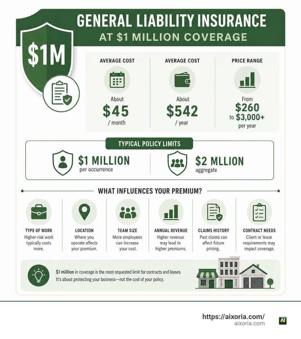 Infographic showing $1 million liability cost, typical limits, and main pricing factors infographic