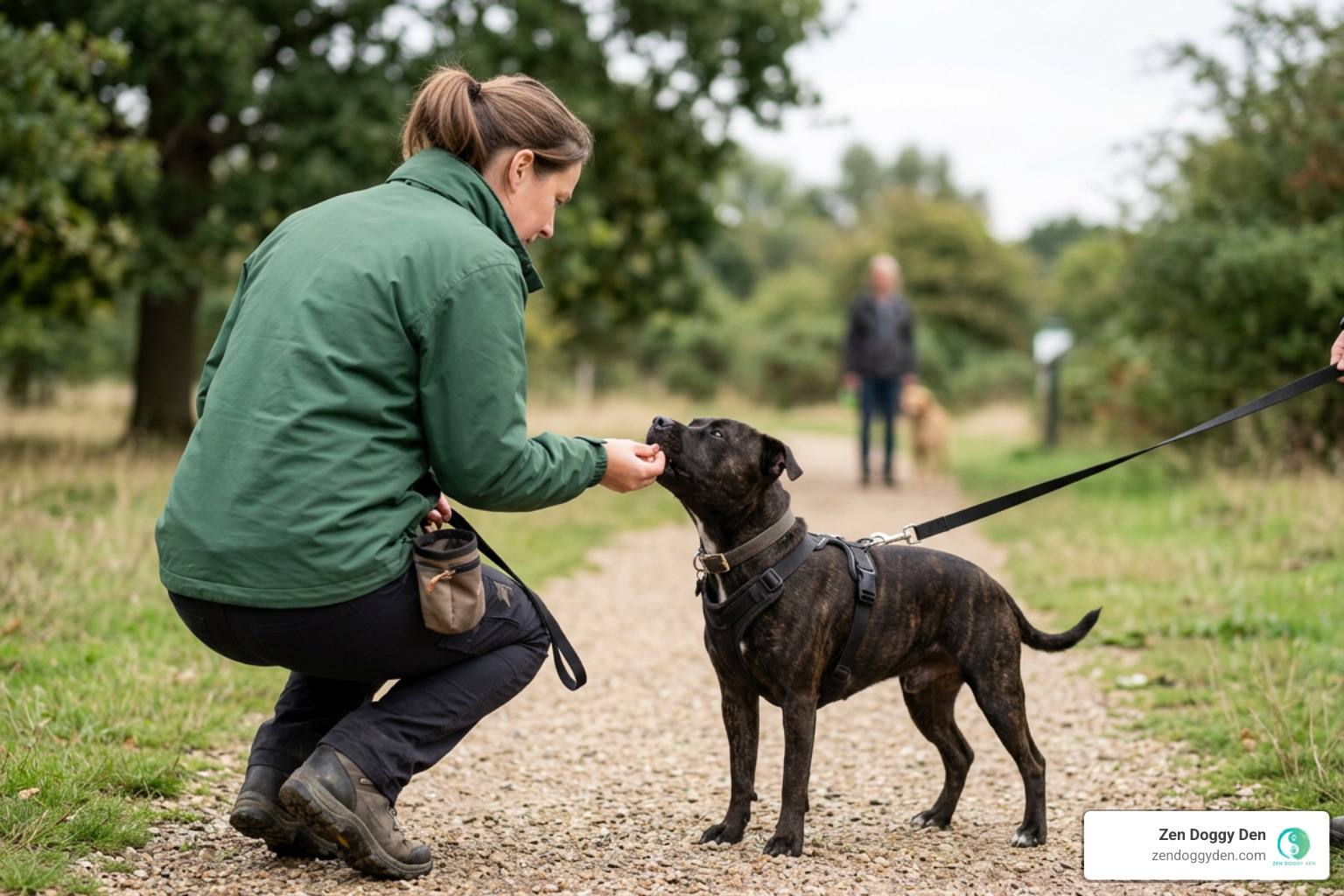 dog handler delivering high value rewards during reactivity evaluation dog handler delivering high value rewards during reactivity evaluation