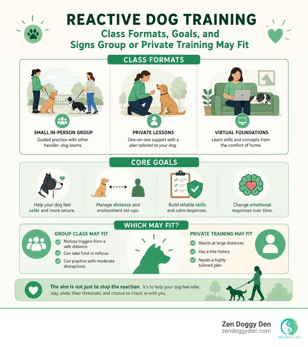 Reactive dog class formats, goals, and signs group or private training may fit infographic Reactive dog class formats, goals, and signs group or private training may fit infographic