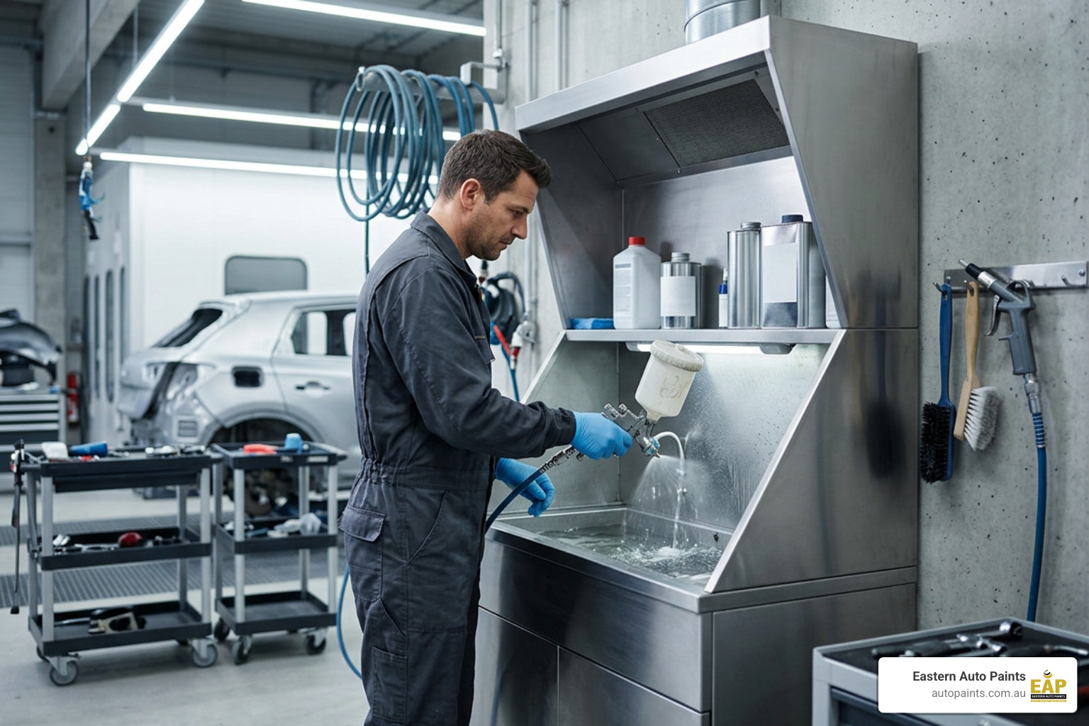 automotive spray gun cleaning station in a modern workshop automotive spray gun cleaning station in a modern workshop