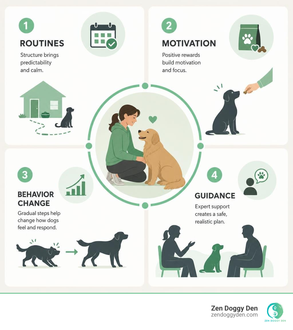 Infographic: canine behavioral training components: routines, motivation, behavior change, guidance infographic Infographic: canine behavioral training components: routines, motivation, behavior change, guidance infographic