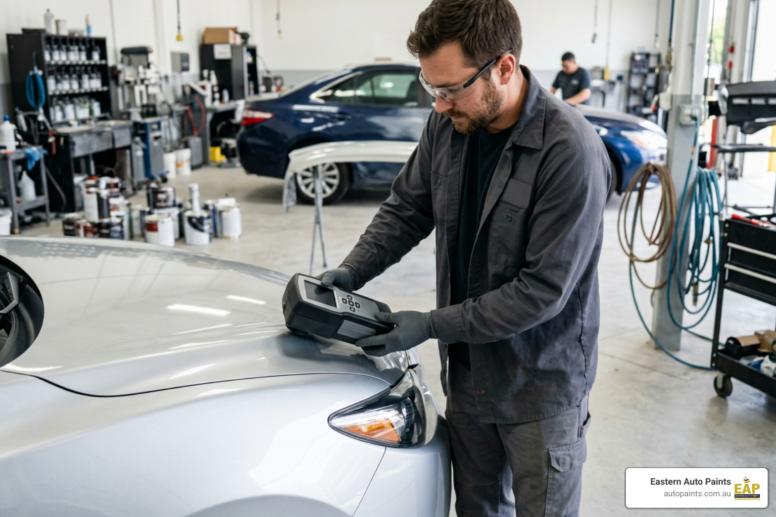 Spectrophotometer scanning vehicle body panel for paint match