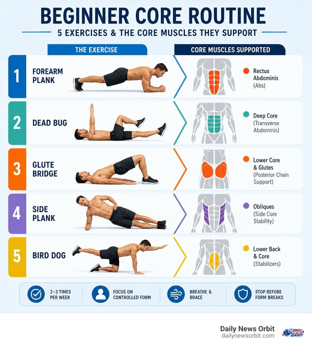 Beginner core routine showing five exercises and the core muscles they support infographic Beginner core routine showing five exercises and the core muscles they support infographic