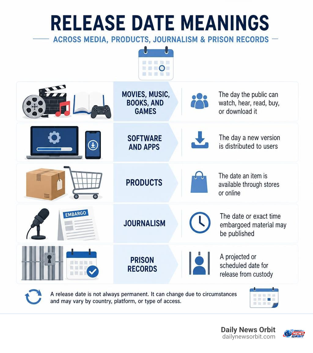 Release date meanings across media products journalism and prison records infographic