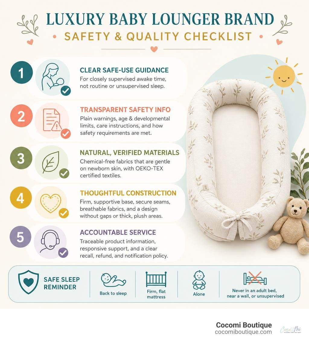 Luxury baby lounger brand safety and quality checklist infographic