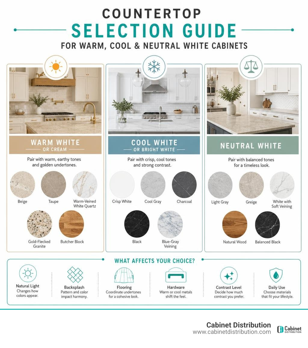 Countertop selection guide for warm cool and neutral white cabinets infographic Countertop selection guide for warm cool and neutral white cabinets infographic