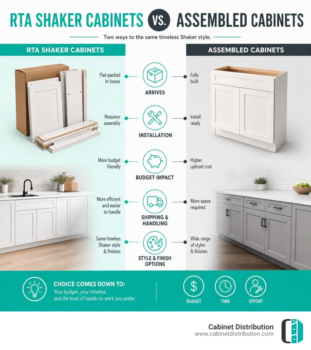 RTA shaker cabinets versus assembled cabinets comparison infographic RTA shaker cabinets versus assembled cabinets comparison infographic