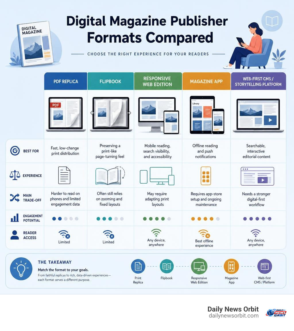 Comparison of PDF replicas flipbooks responsive web editions and magazine apps infographic Comparison of PDF replicas flipbooks responsive web editions and magazine apps infographic