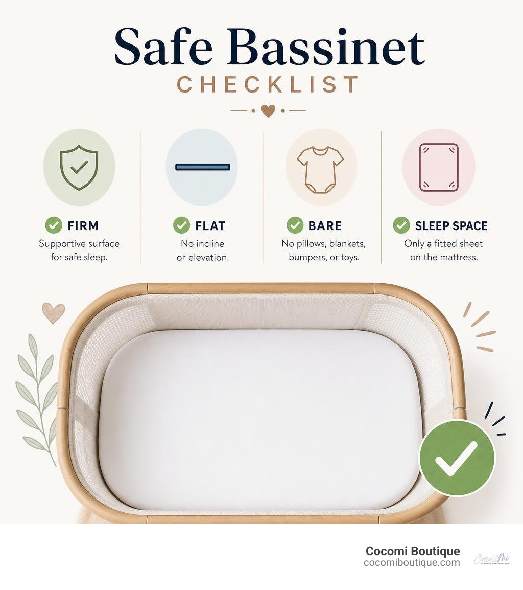 safe bassinet checklist firm flat bare sleep space infographic