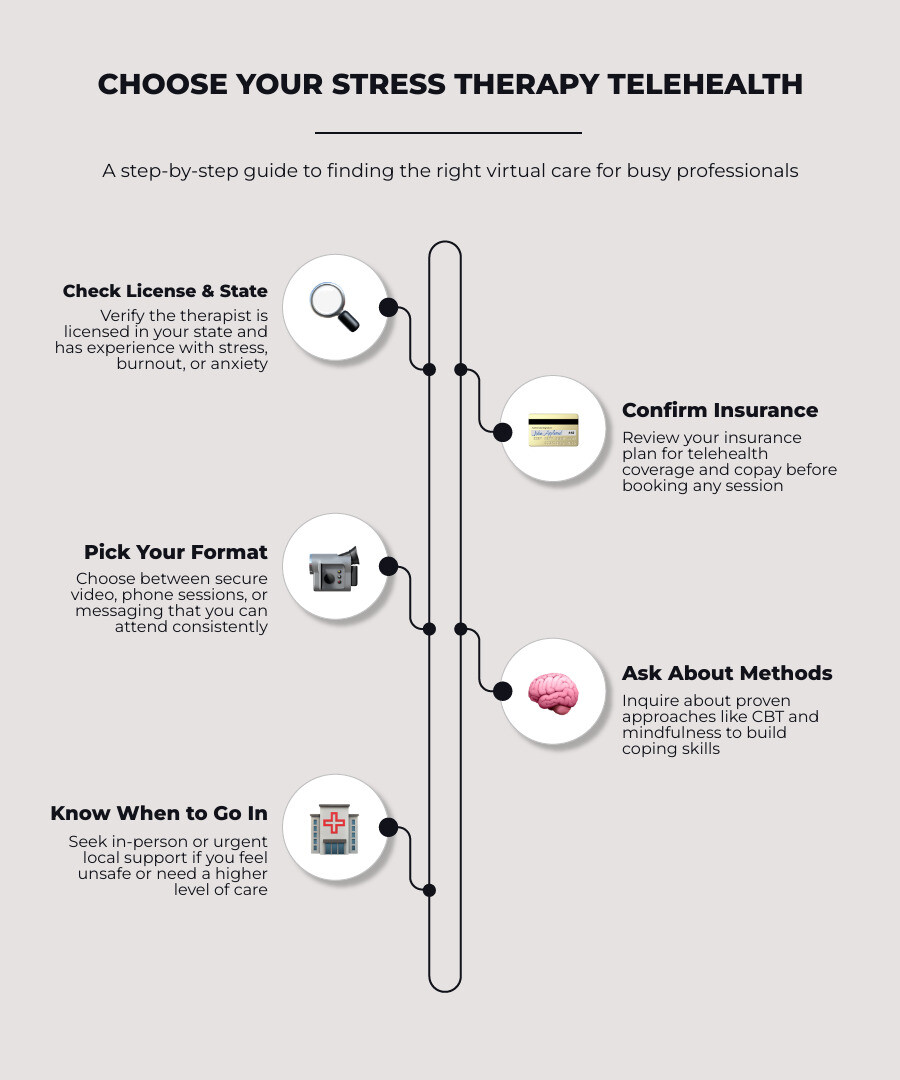 Stress therapy telehealth options comparison: insurance, access, therapy format, and support infographic Stress therapy telehealth options comparison: insurance, access, therapy format, and support infographic