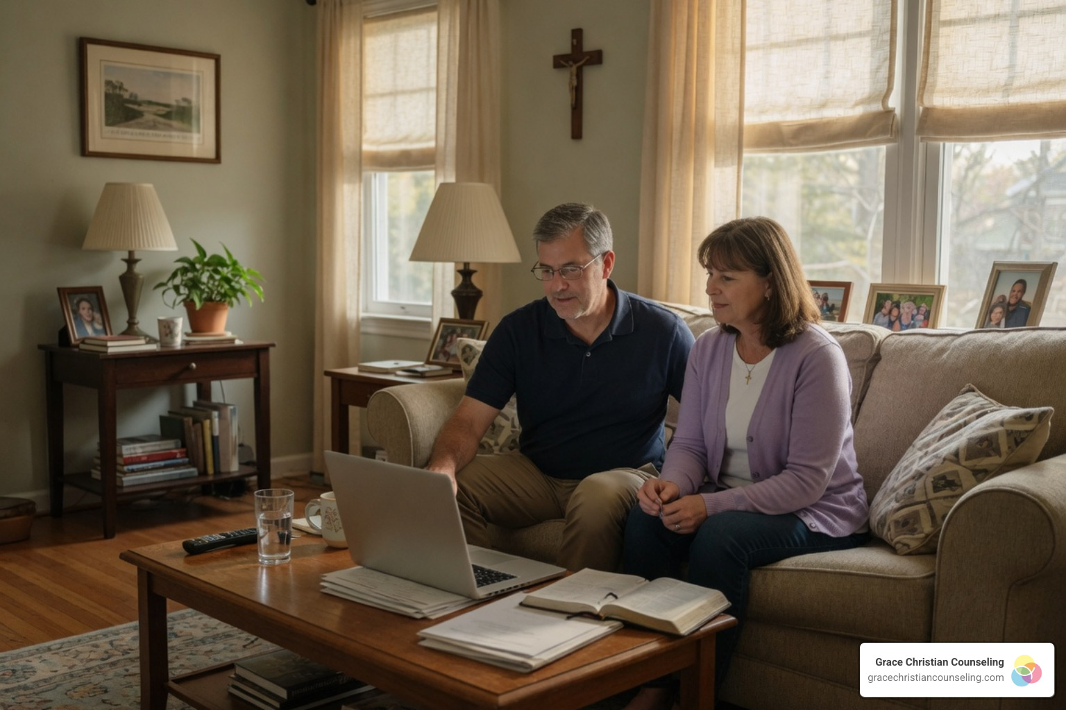 Online telehealth marriage counseling session on laptop screen