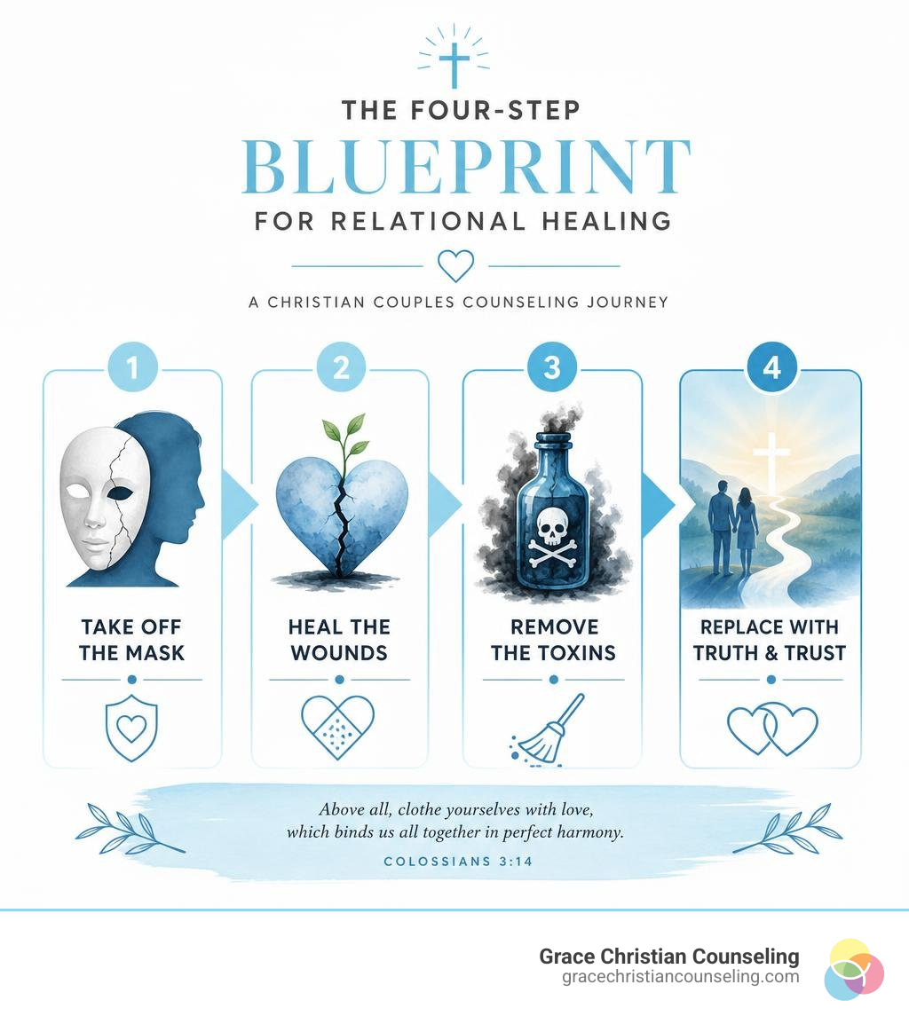Infographic showing the four-stage Christian couples counseling blueprint: Take Off the Mask, Heal the Wounds, Remove the