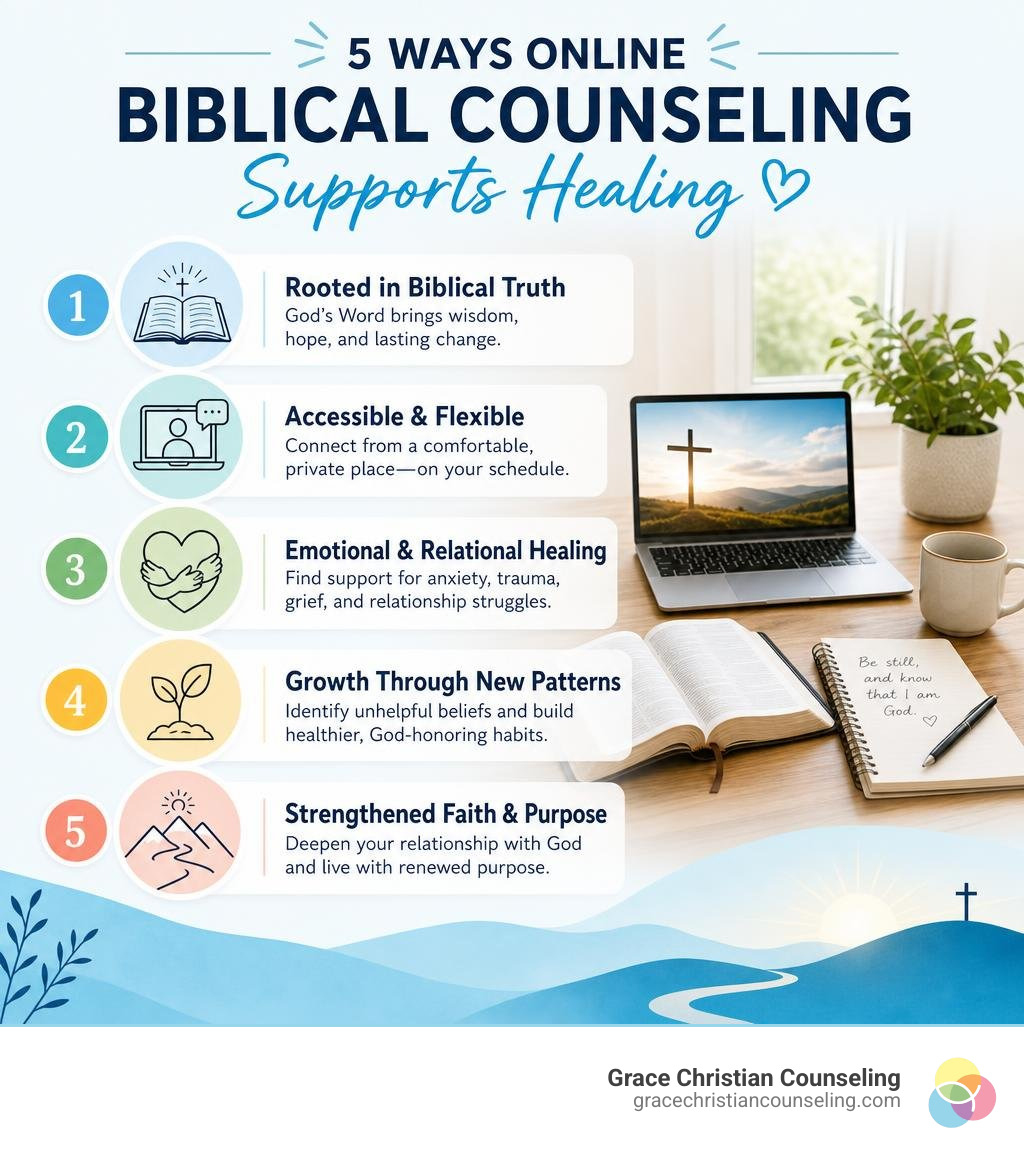 Infographic showing five concise ways online biblical counseling supports healing infographic