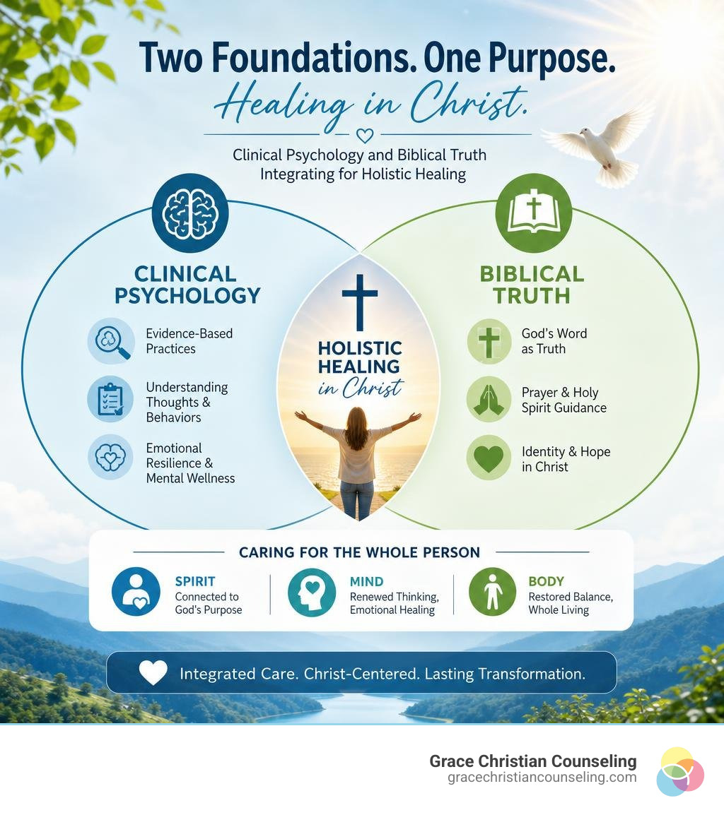 Infographic showing clinical psychology and biblical truth integrating for holistic healing in Christ infographic