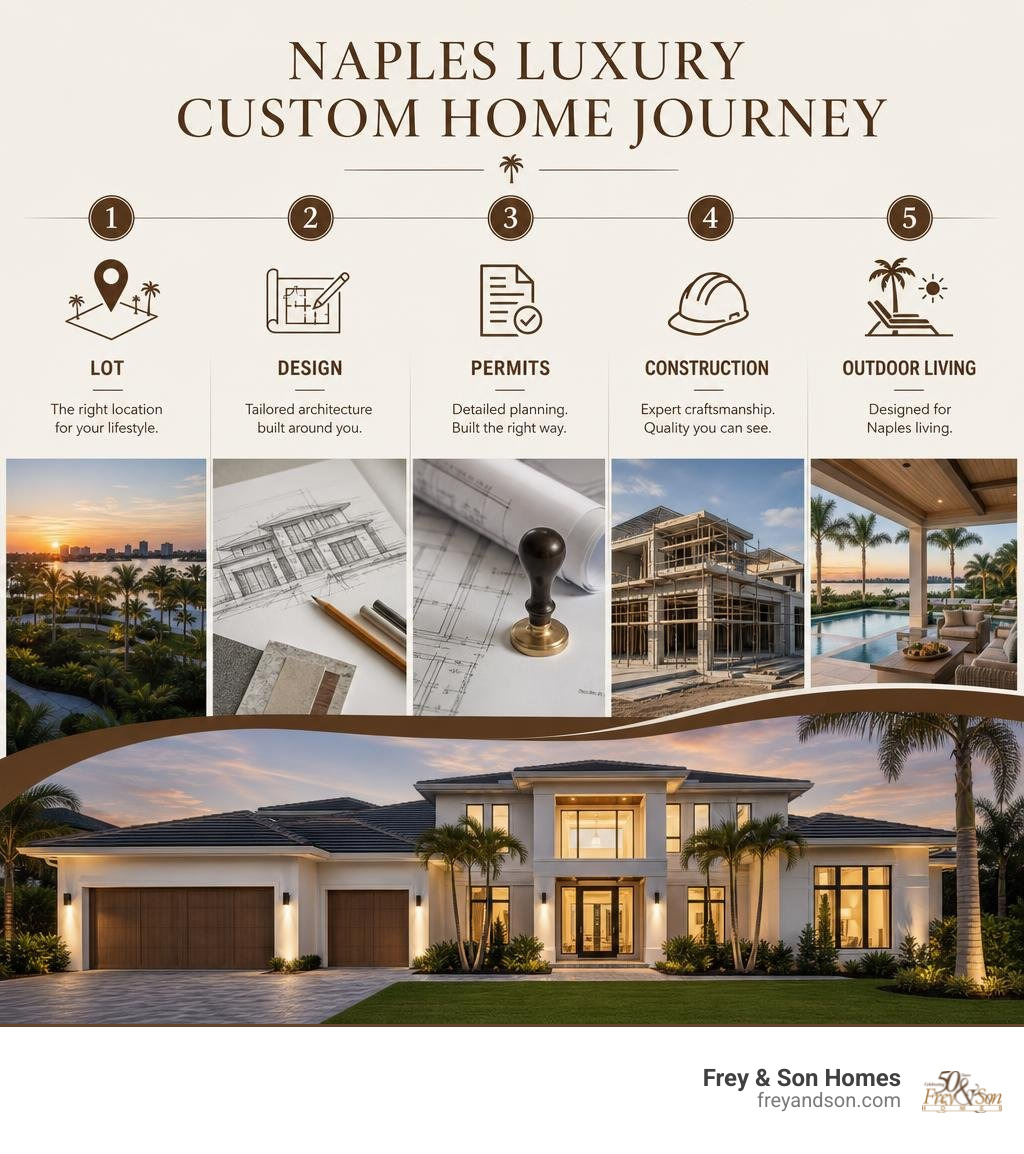 Naples luxury custom home journey: lot, design, permits, construction, outdoor living infographic