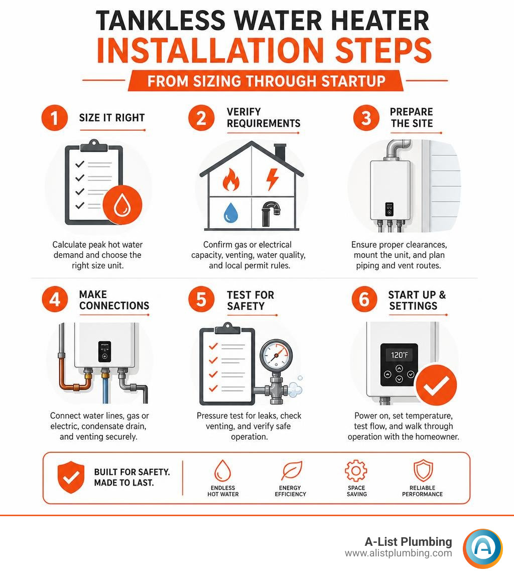 Tankless water heater installation steps from sizing through startup infographic Tankless water heater installation steps from sizing through startup infographic