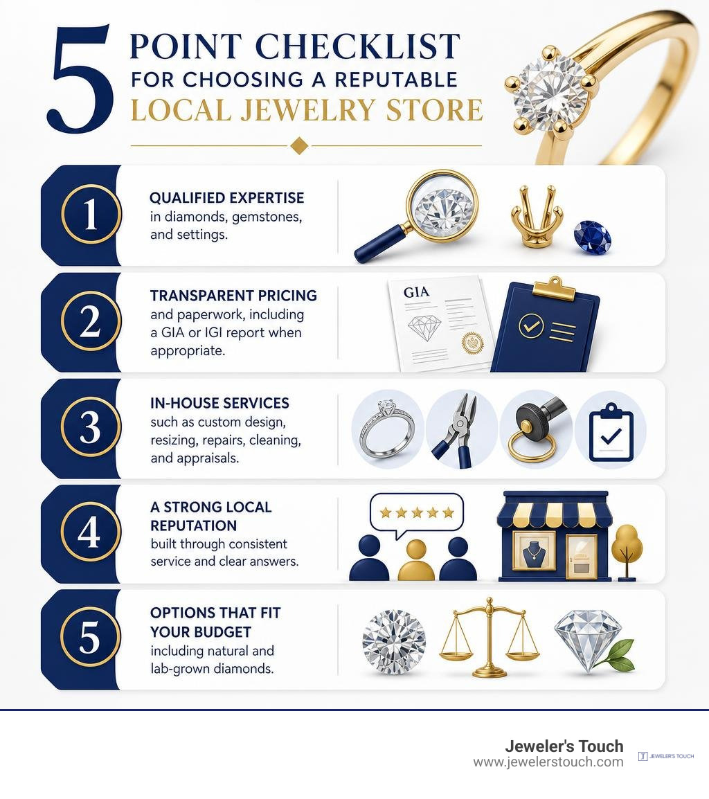 Five-point checklist for choosing a reputable local jewelry store infographic Five-point checklist for choosing a reputable local jewelry store infographic
