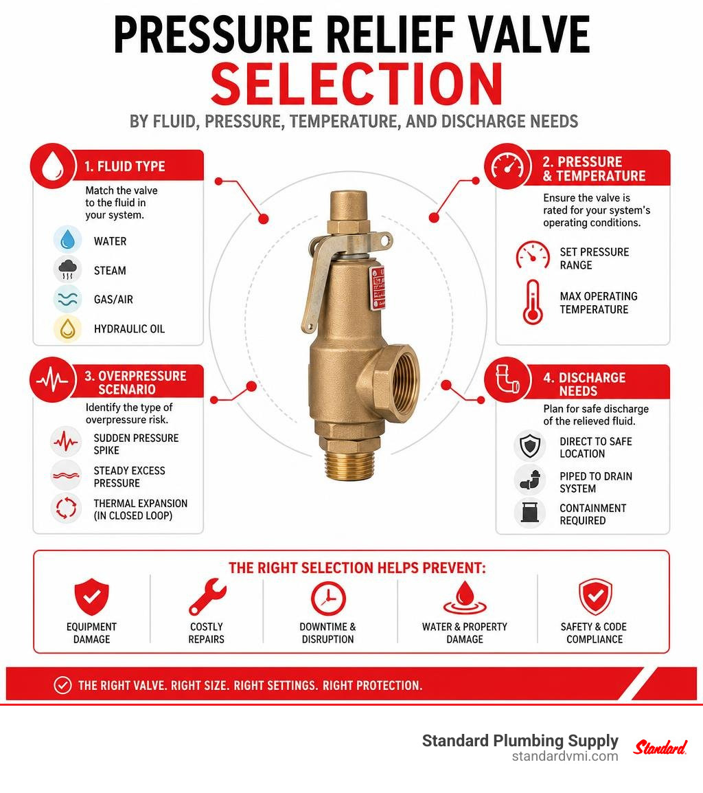 Pressure relief valve selection by fluid, pressure, temperature, and discharge needs infographic Pressure relief valve selection by fluid, pressure, temperature, and discharge needs infographic
