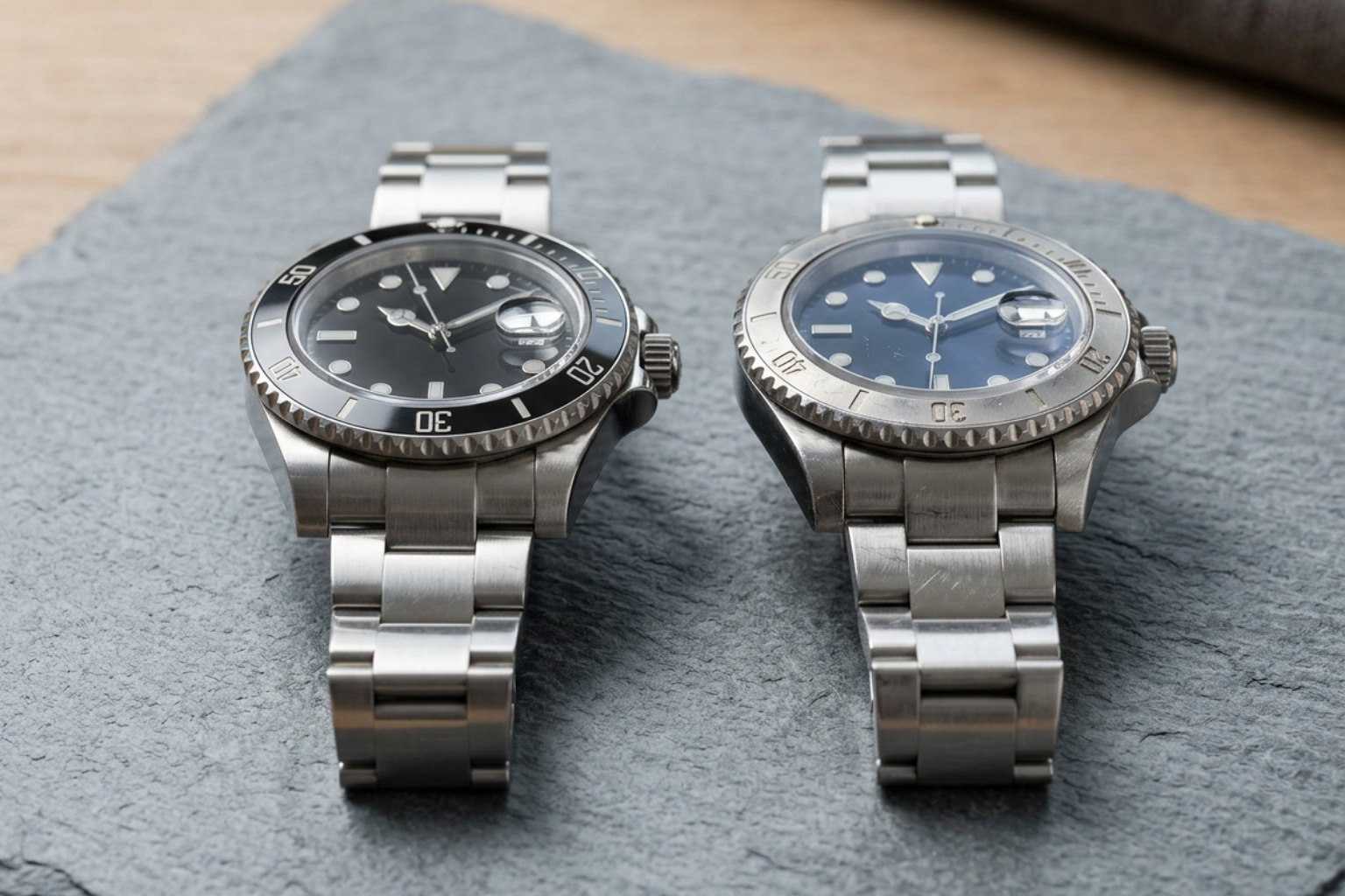 side-by-side timepieces showing subtle cosmetic and bezel variations side-by-side timepieces showing subtle cosmetic and bezel variations