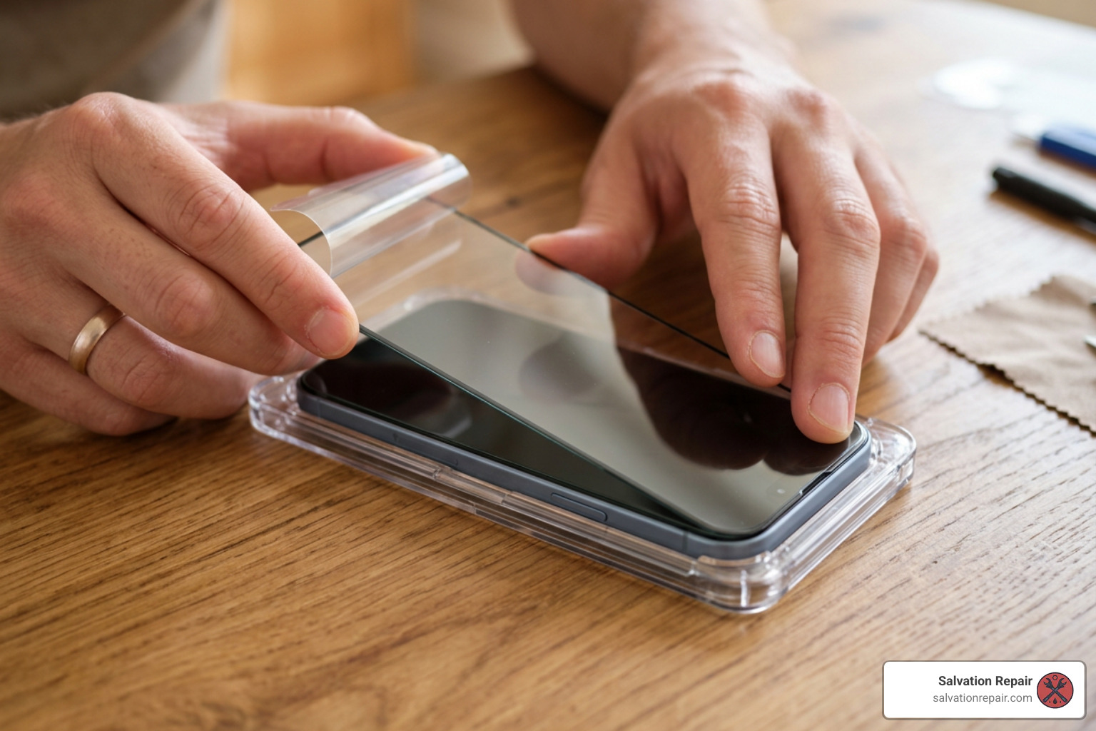 Applying a tempered glass screen protector with alignment tool Applying a tempered glass screen protector with alignment tool