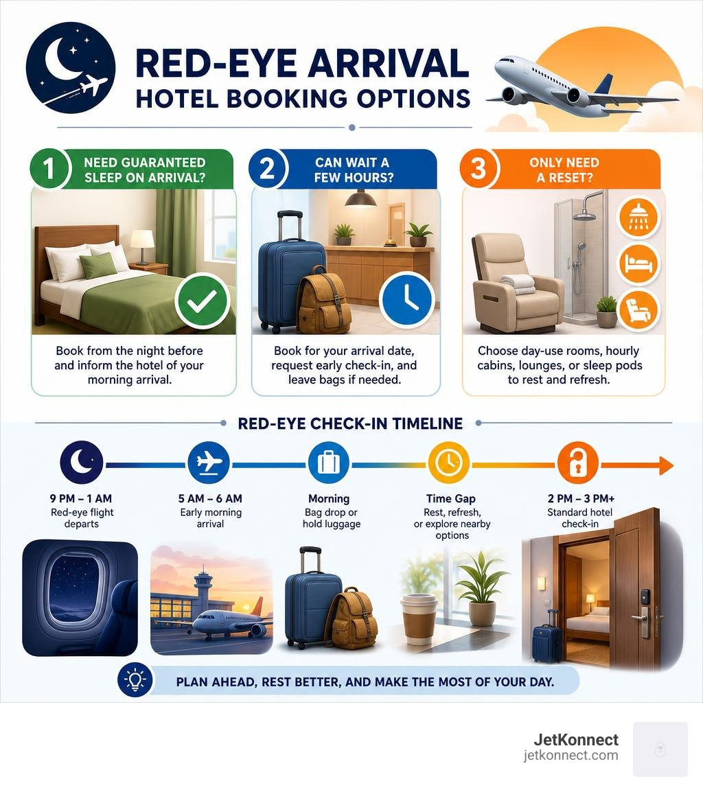 Red-eye arrival hotel booking options and check-in timeline infographic