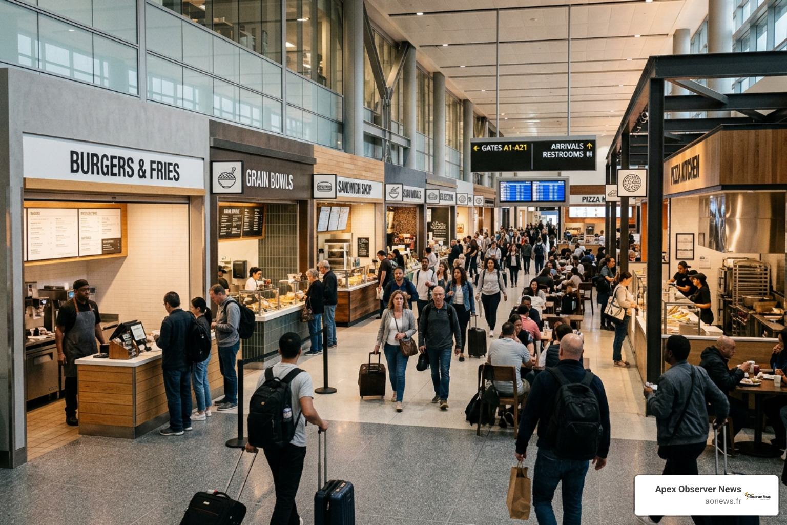 dining stalls inside JFK Terminal 4 retail hall