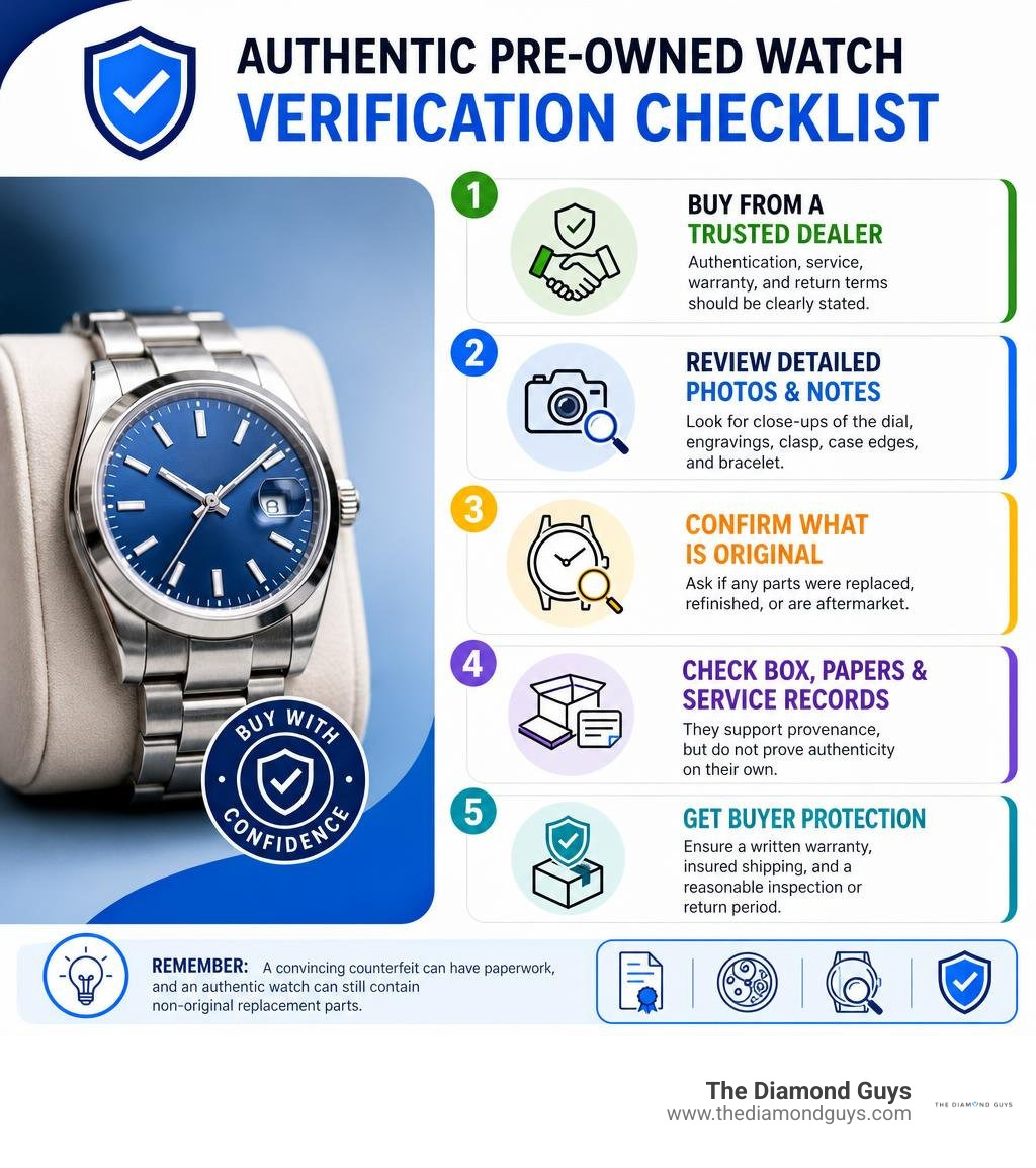 Authentic pre-owned watch verification checklist infographic