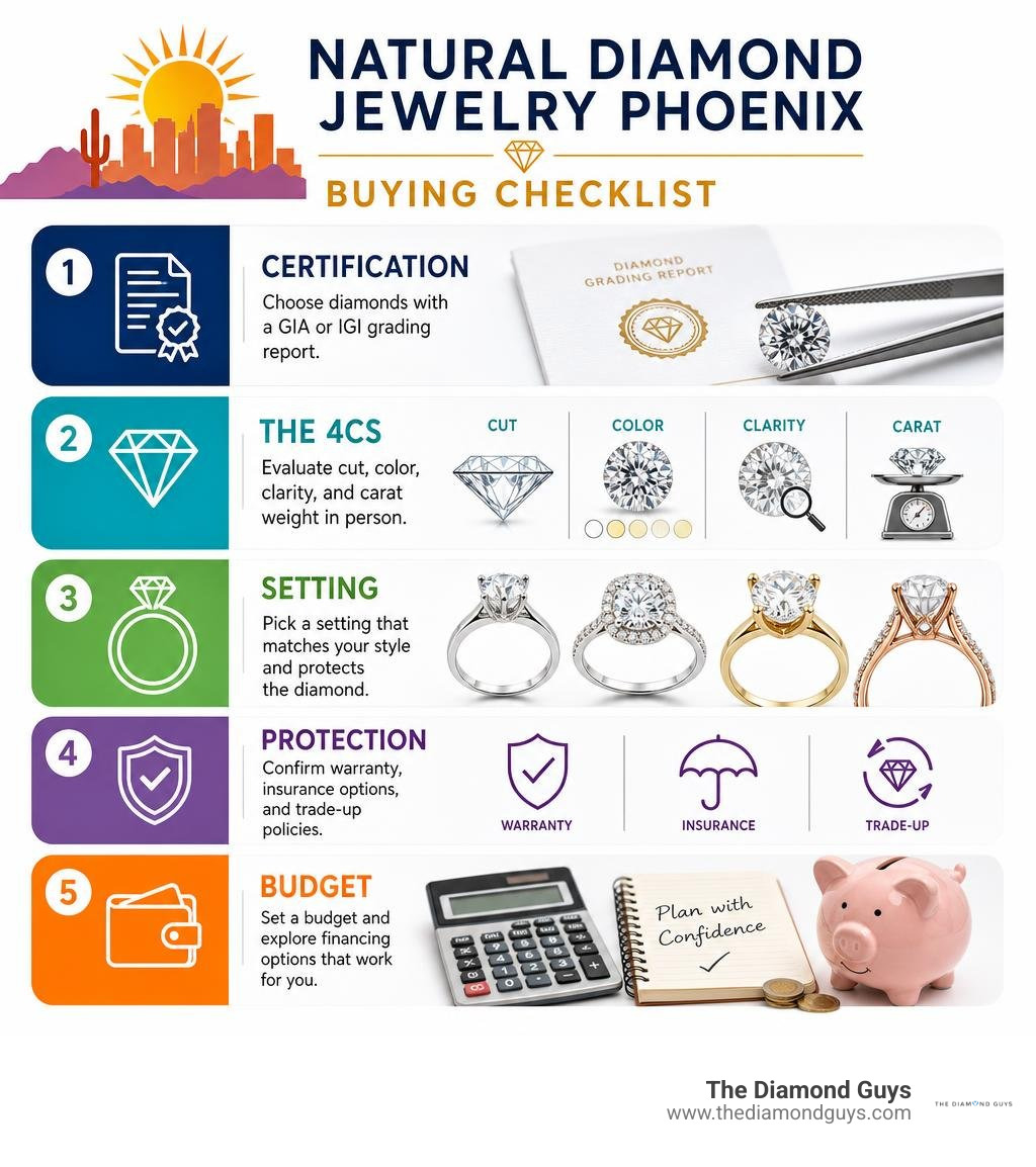Natural diamond jewelry Phoenix buying checklist: certification, 4Cs, setting, protection, and budget infographic Natural diamond jewelry Phoenix buying checklist: certification, 4Cs, setting, protection, and budget infographic