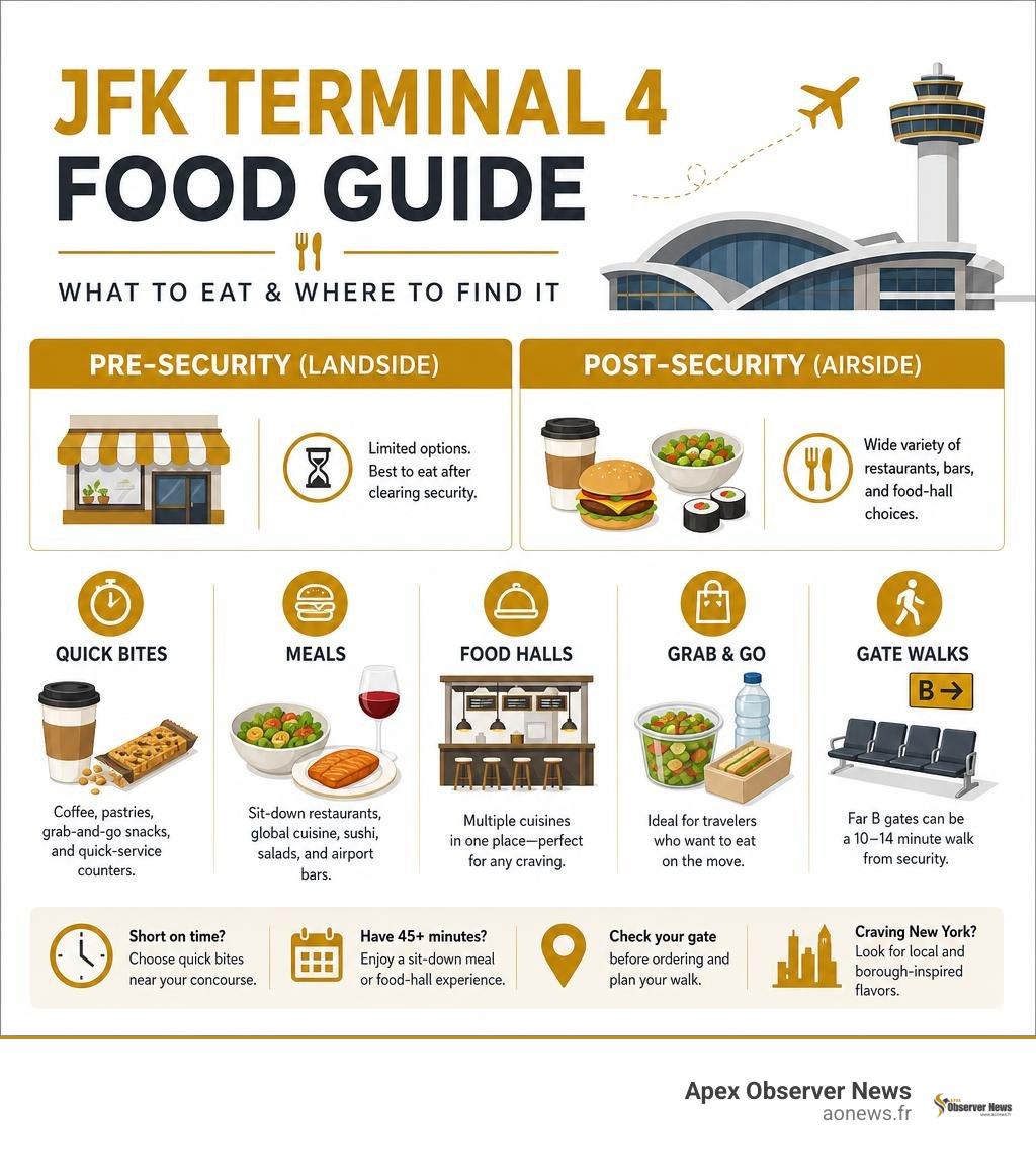 JFK Terminal 4 food guide showing pre-security, post-security, quick bites, meals, and gate walks infographic
