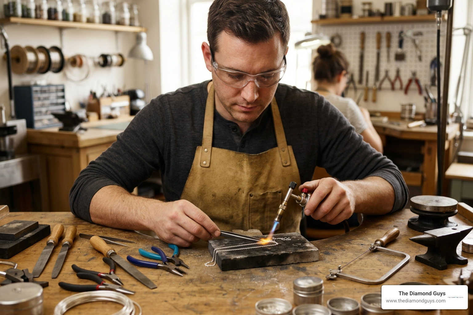 bench jeweler using micro-torch and precision tools on a silver chain