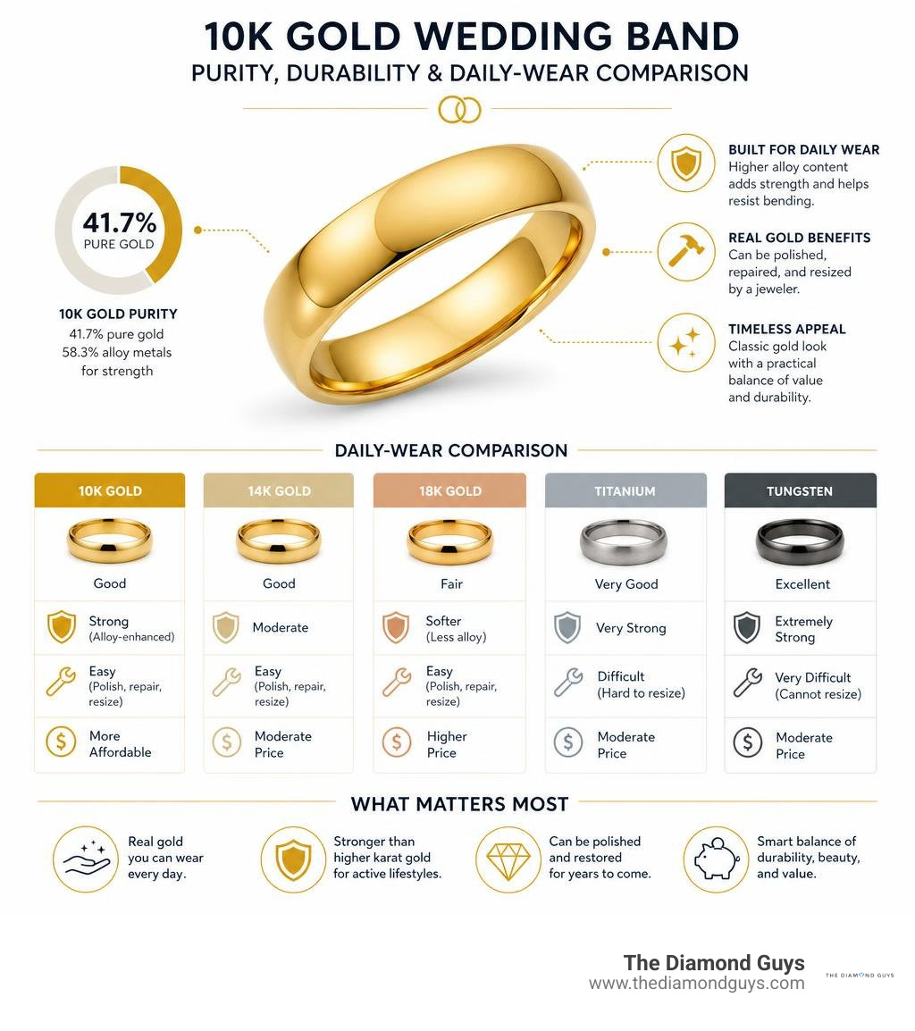 10k gold purity, durability, and daily-wear comparison infographic