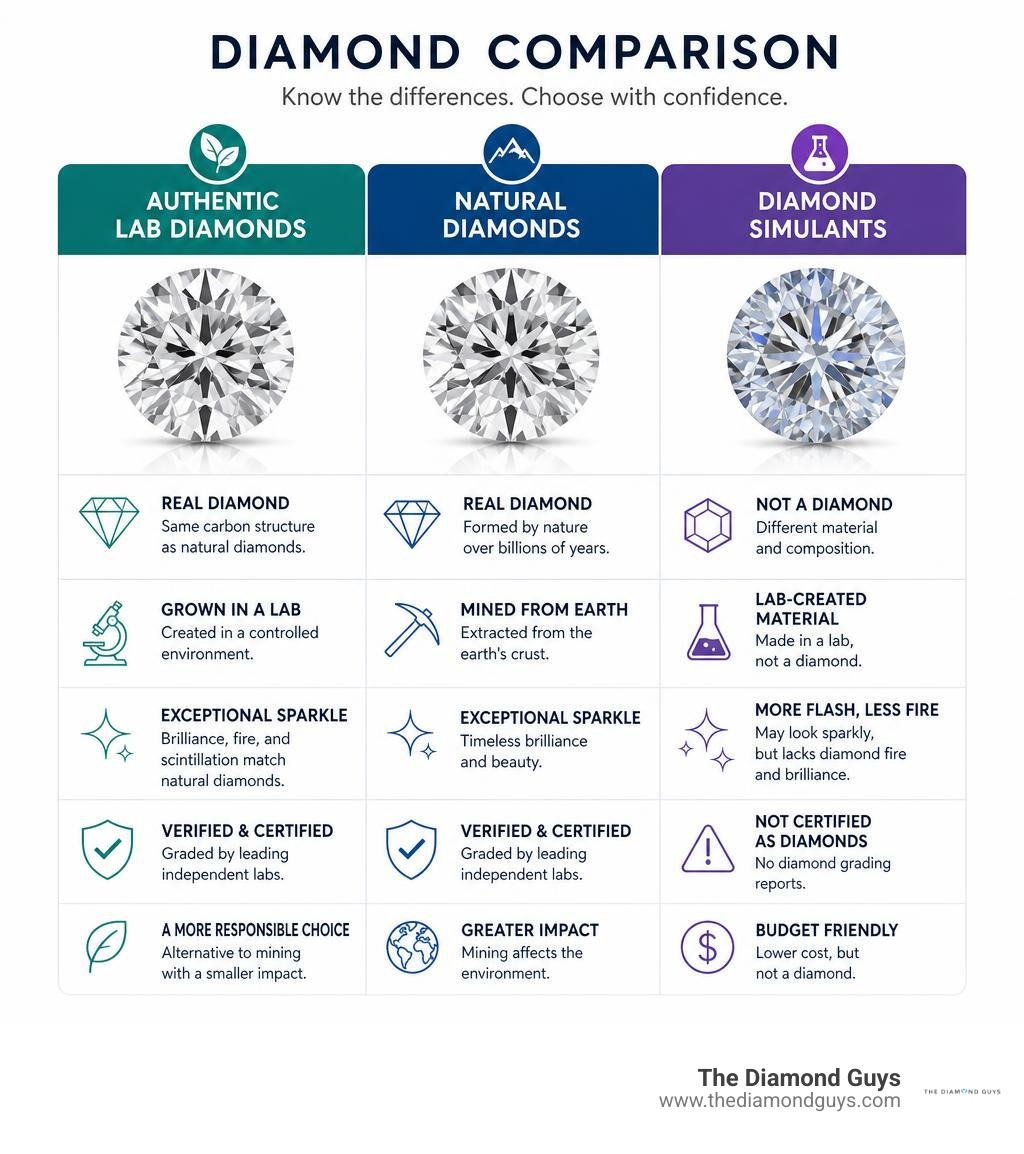 Infographic comparing authentic lab diamonds, natural diamonds, and diamond simulants infographic