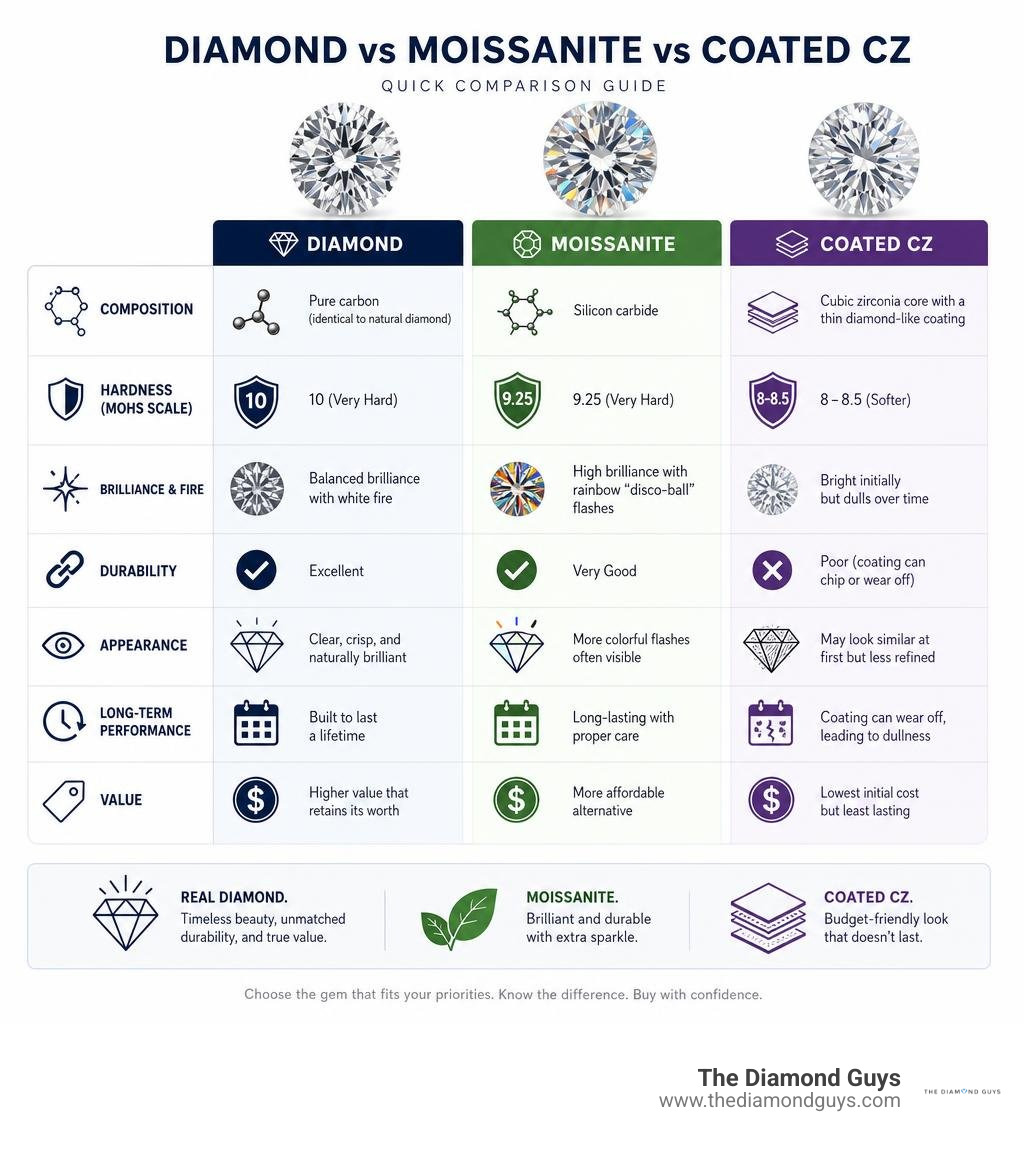 Comparison table of Diamond vs Moissanite vs Coated CZ infographic