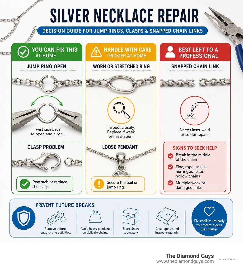 Silver necklace repair decision guide for jump rings clasps and snapped chain links infographic