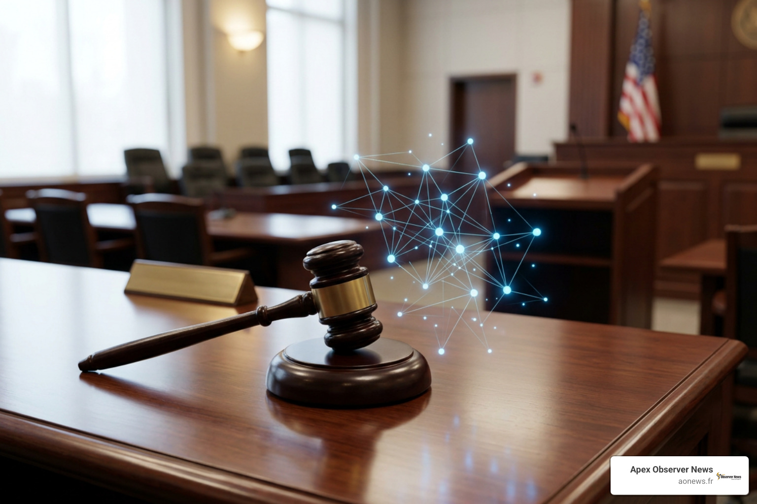 legal courtroom gavel sitting beside illuminated neural network nodes