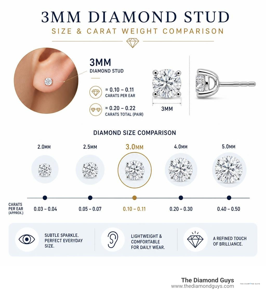 3mm diamond stud size and carat weight comparison infographic