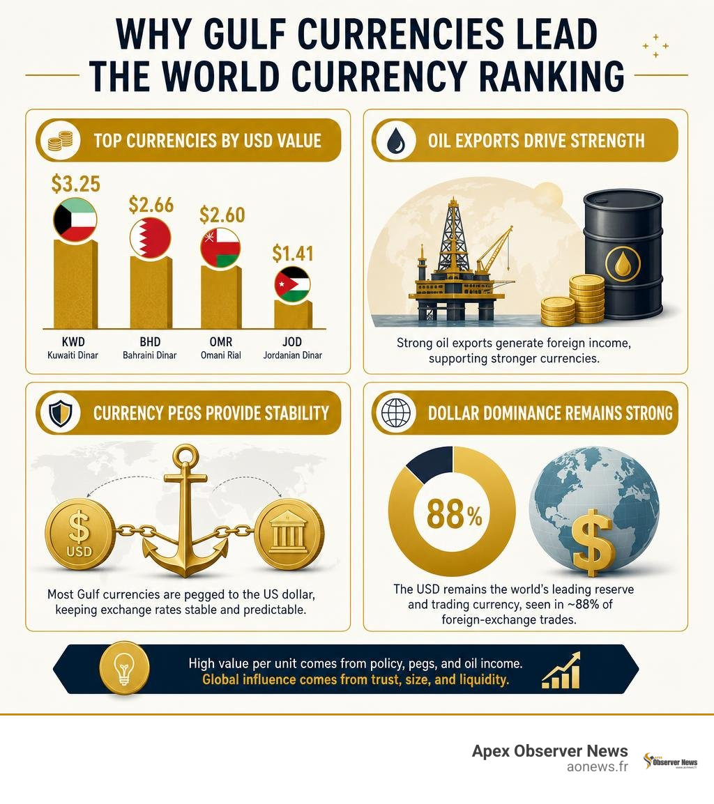 Top currencies by USD value, oil exports, currency pegs, and dollar dominance infographic
