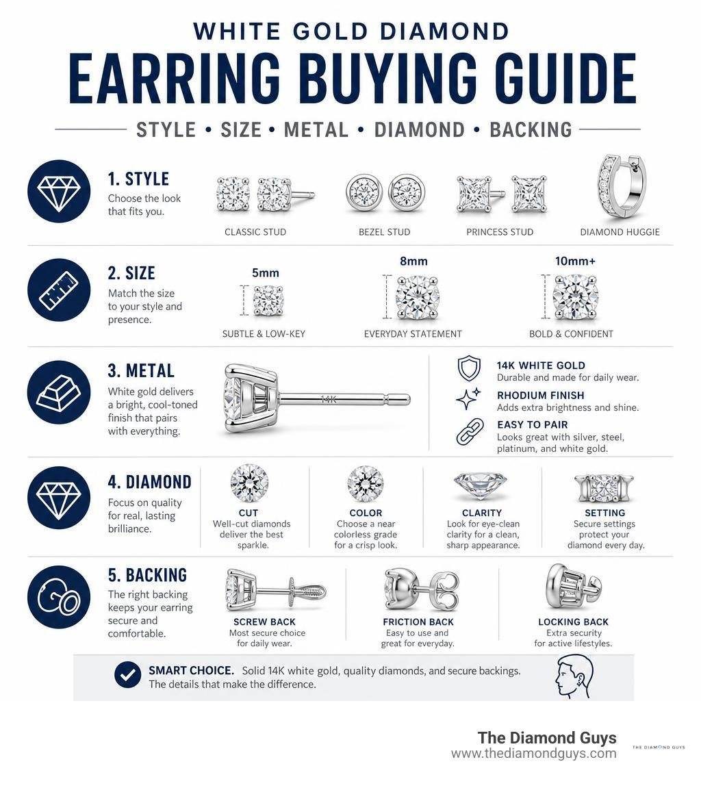 White gold diamond earring buying guide: style, size, metal, diamond, and backing infographic