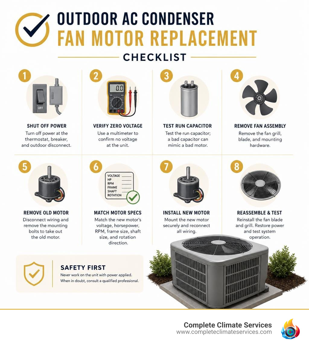 Outdoor AC condenser fan motor replacement checklist infographic