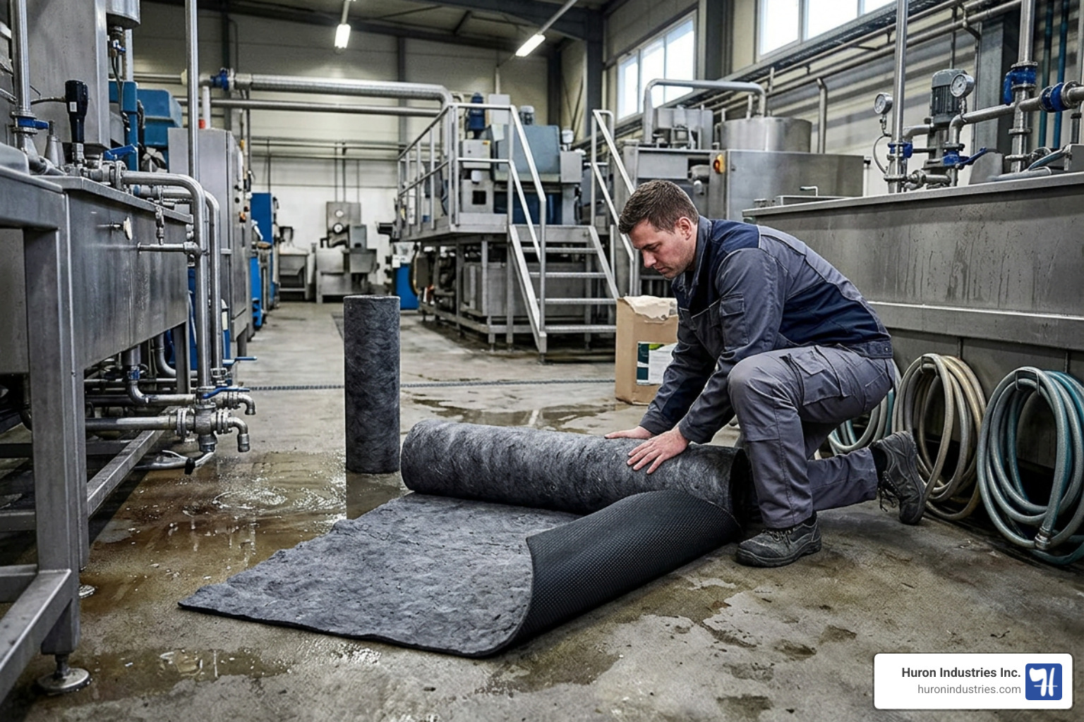 grippy-backed sorbent roll in wet processing area
